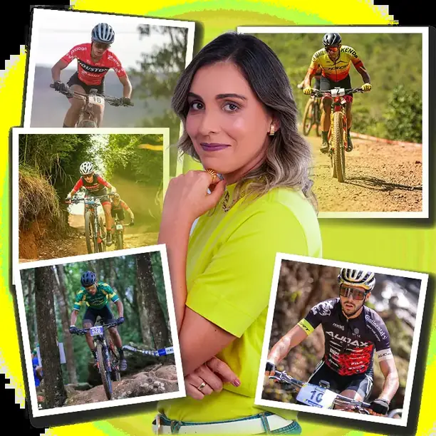 Maria Joana, nutricionista esportiva de MTB, ao lado de ciclistas em prova